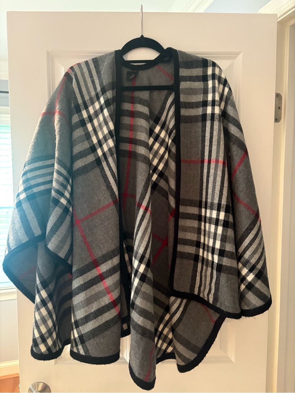 “Burberry Like” Gray, Black, Red , White Plaid Open Front Poncho